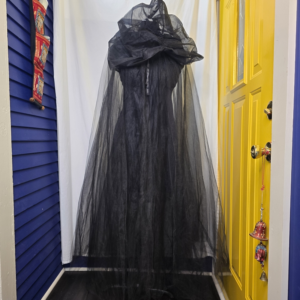 Black Tulle Floor Length Hooded Cape With Satin Ribon Neck Tie Closure.